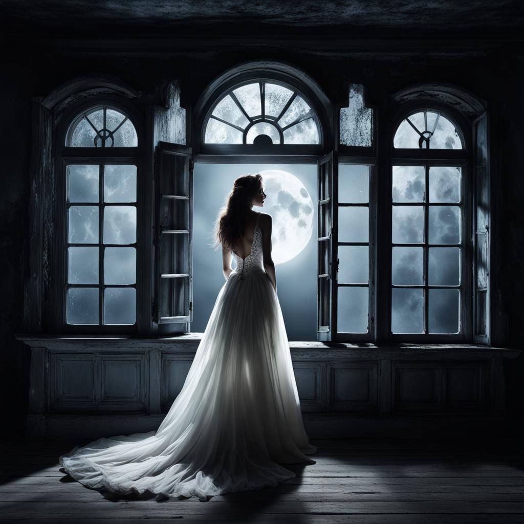 Moonlit Ghost Bride Waiting by the Window