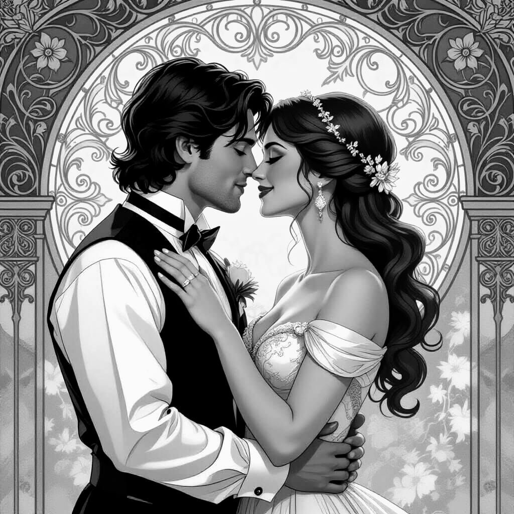 Romantic Couple Kissing in Digital Black and White