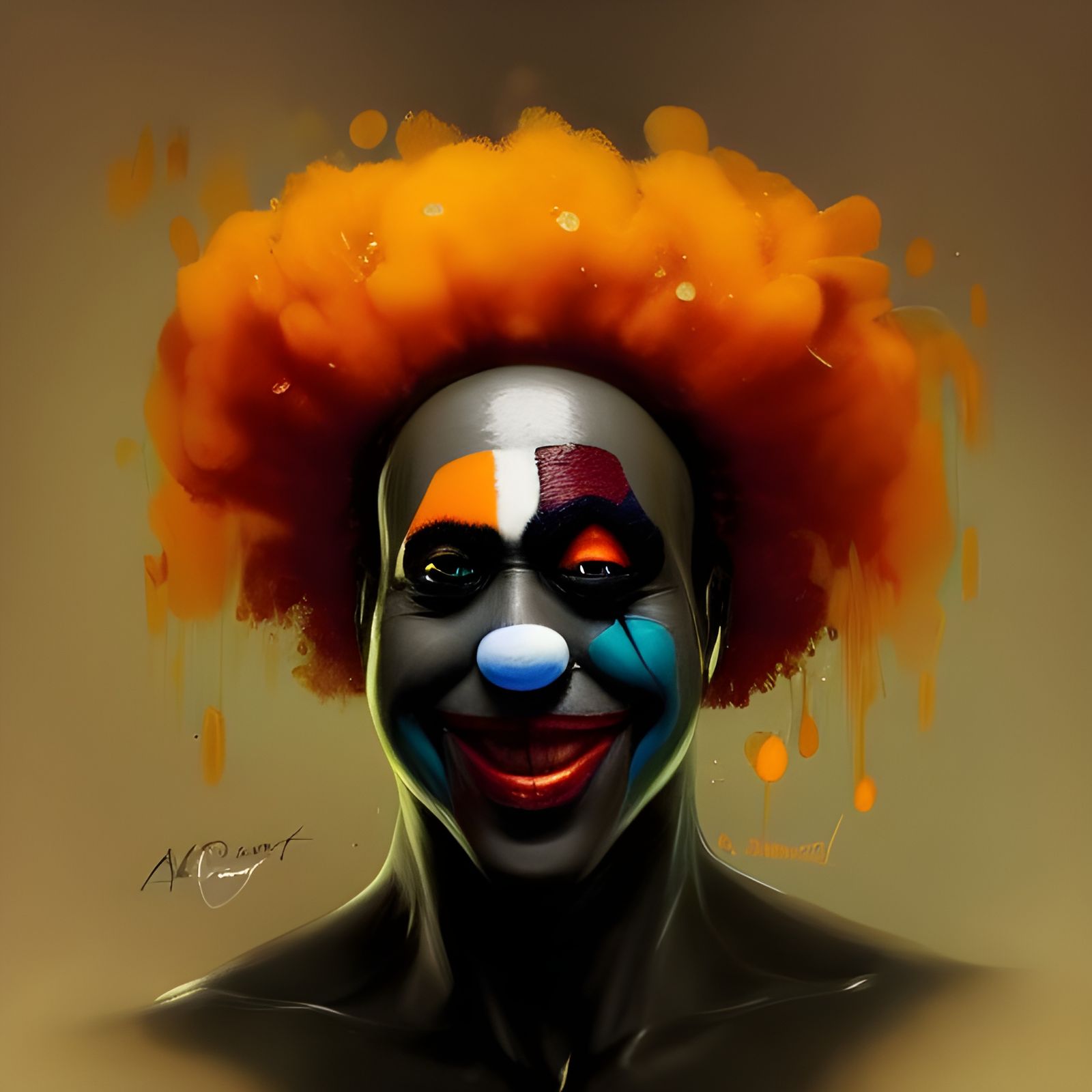 Clown Portrait with Papaya Paint, Detailed Concept Art