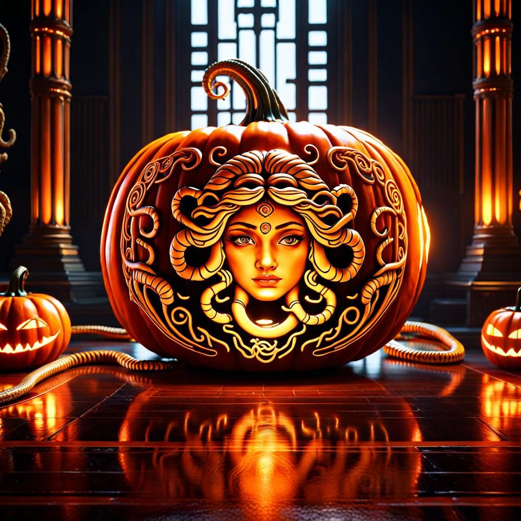 Medusa Pumpkin Carving in 3D Cinematic Style