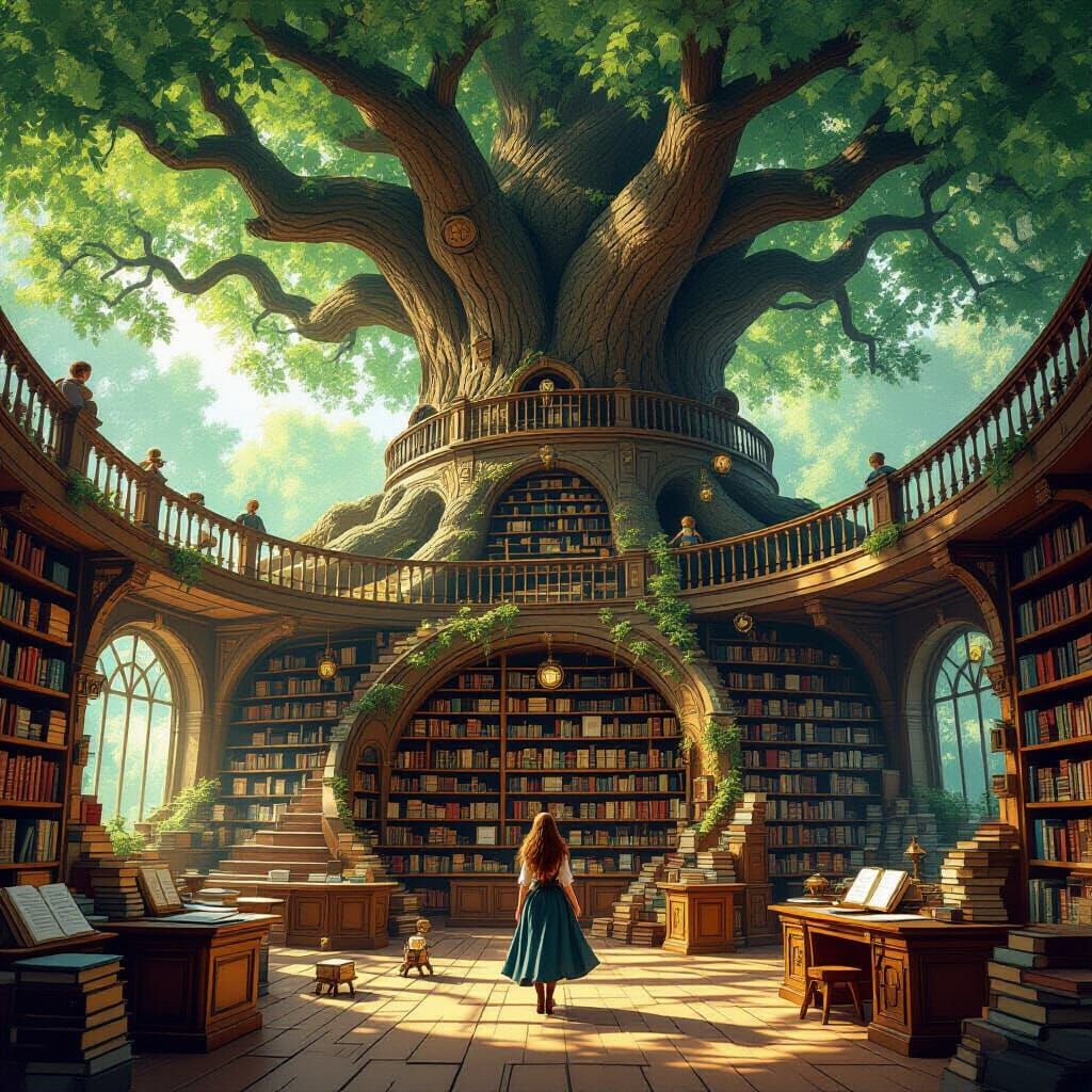 Fantasy Library Inside Ancient Tree, Steampunk Style