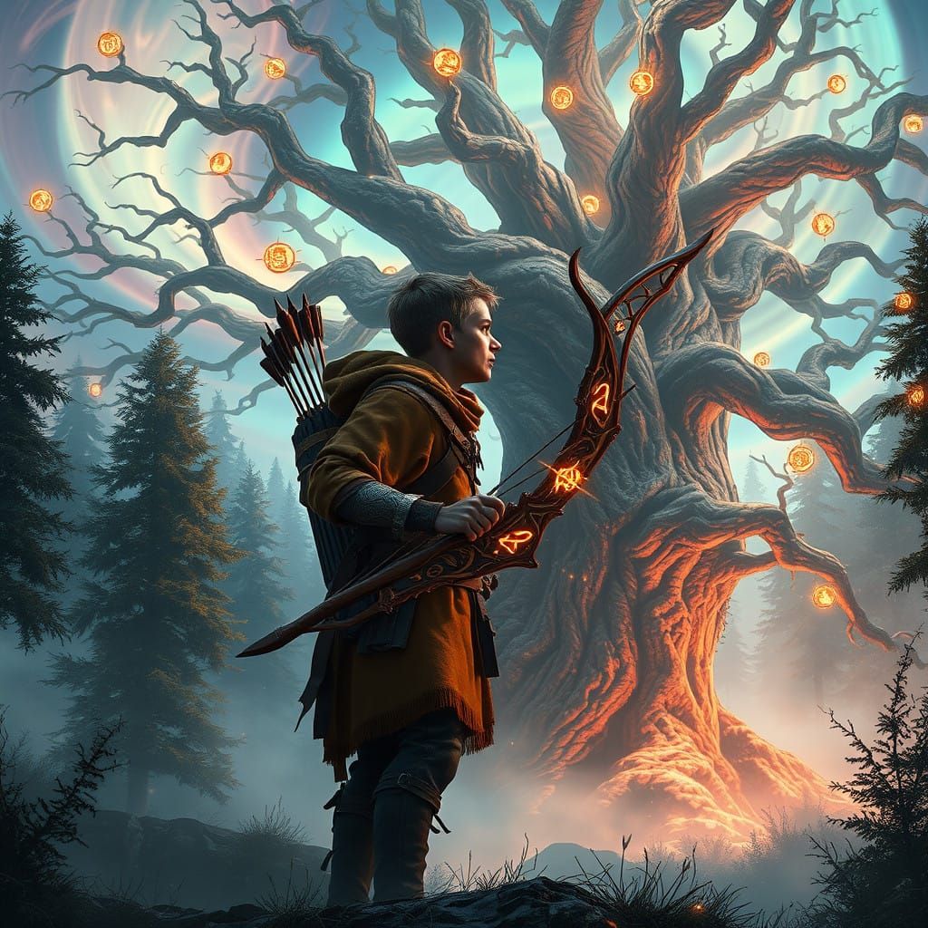 Heroic Hunter in Whimsical High-Fantasy Landscape