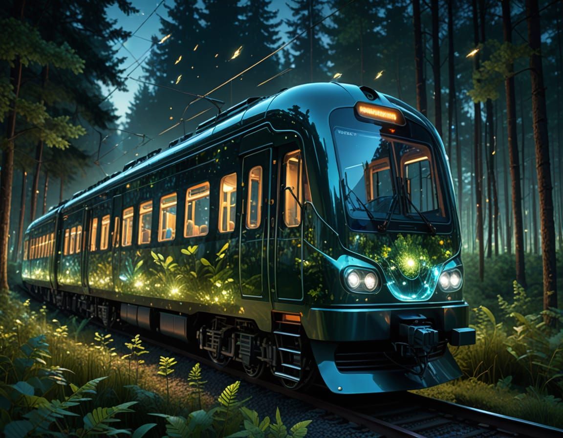 glass train in a night forest
