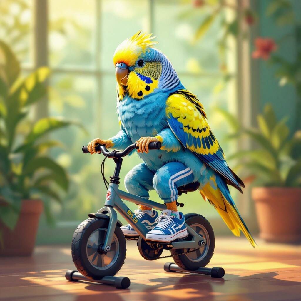 Athletic Dutch Budgie on Exercise Bike, Digital Art