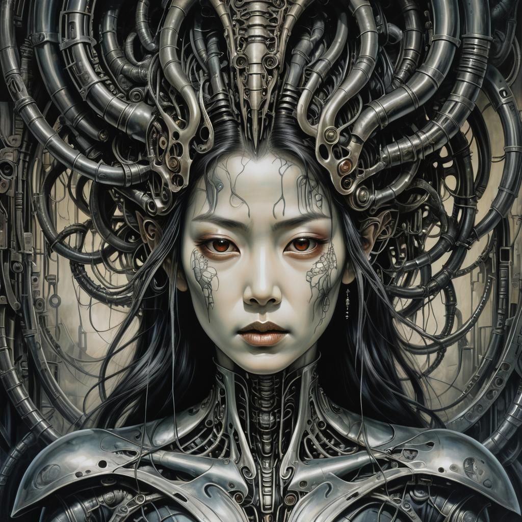 Japanese Woman Emerges from Biomechanical Landscape