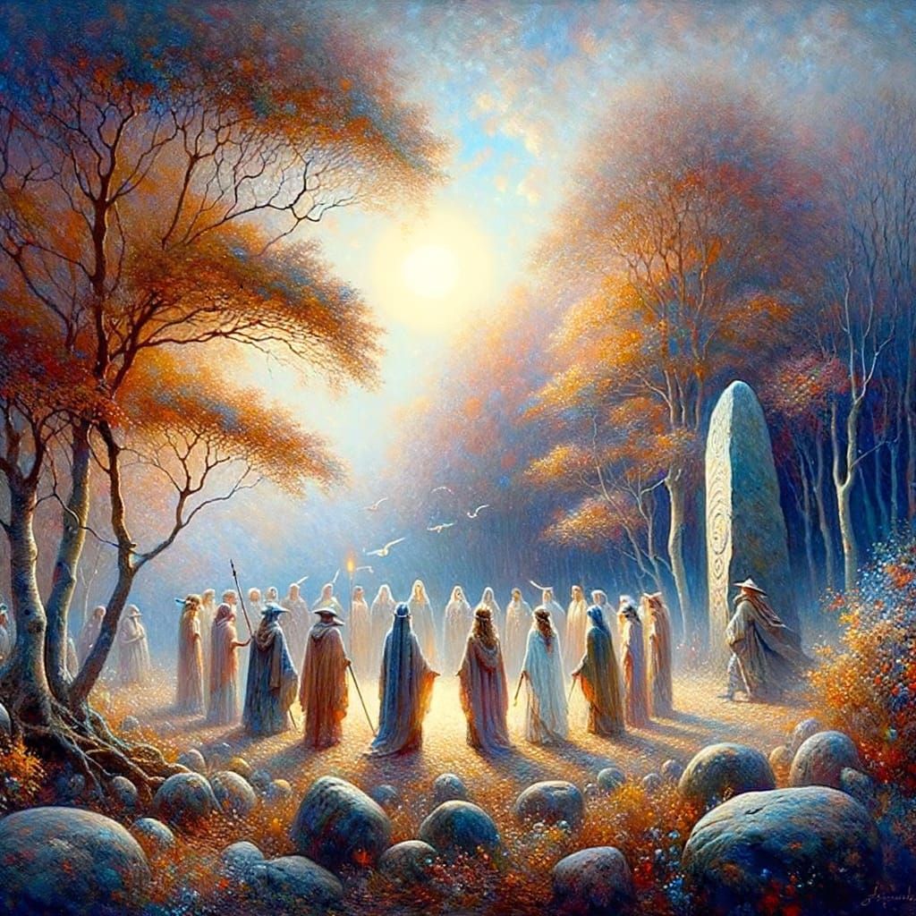 Druids at Standing Stones, Mystical Autumn Equinox Scene