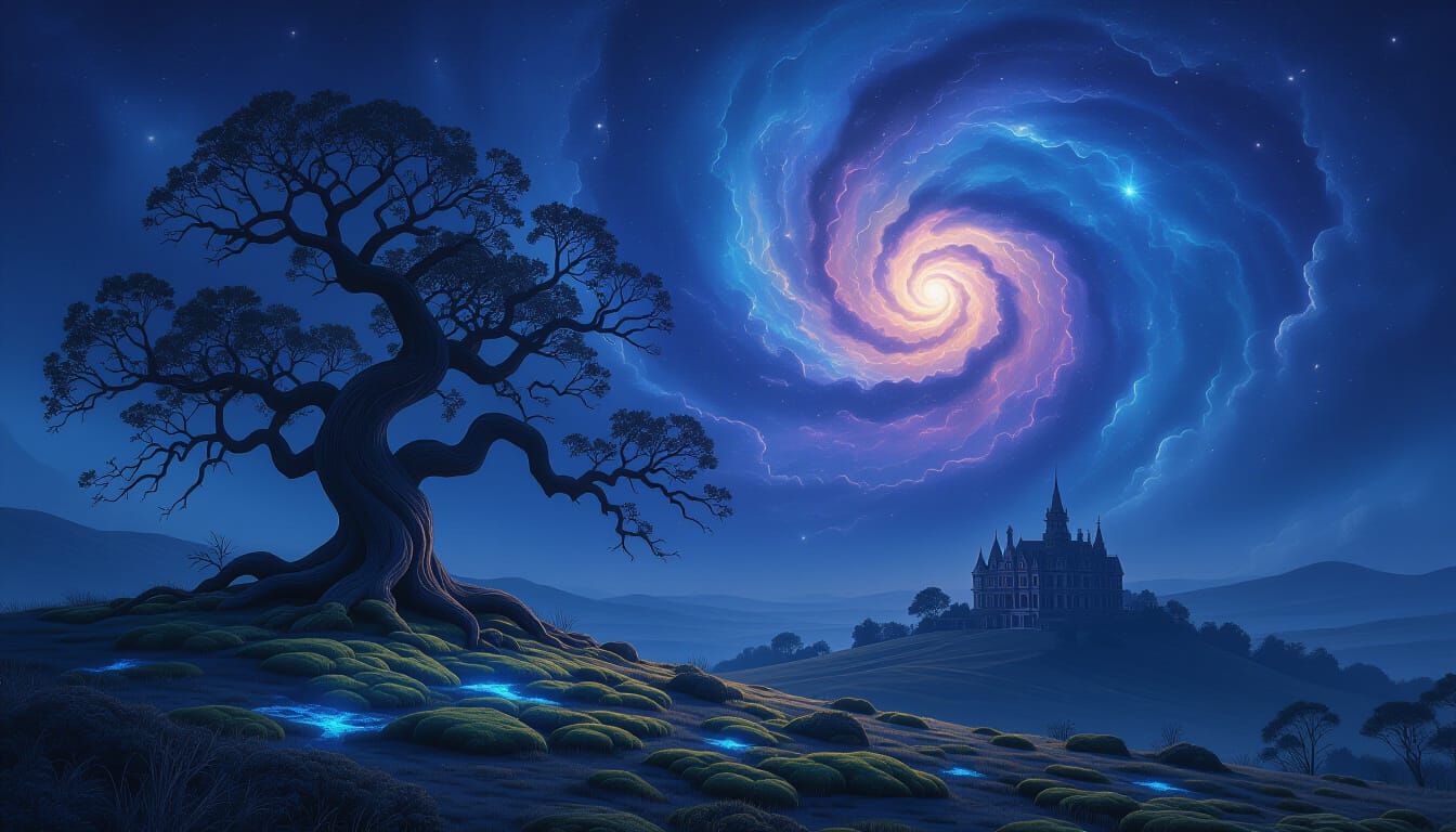 Cosmic Oak and Haunted Chateau in Surreal Style