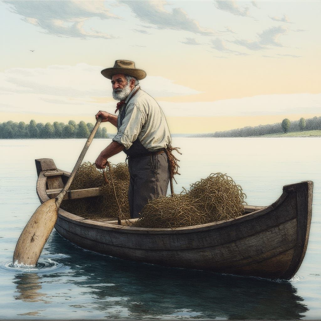 Old Fisherman Rows Boat on Lake at Dawn