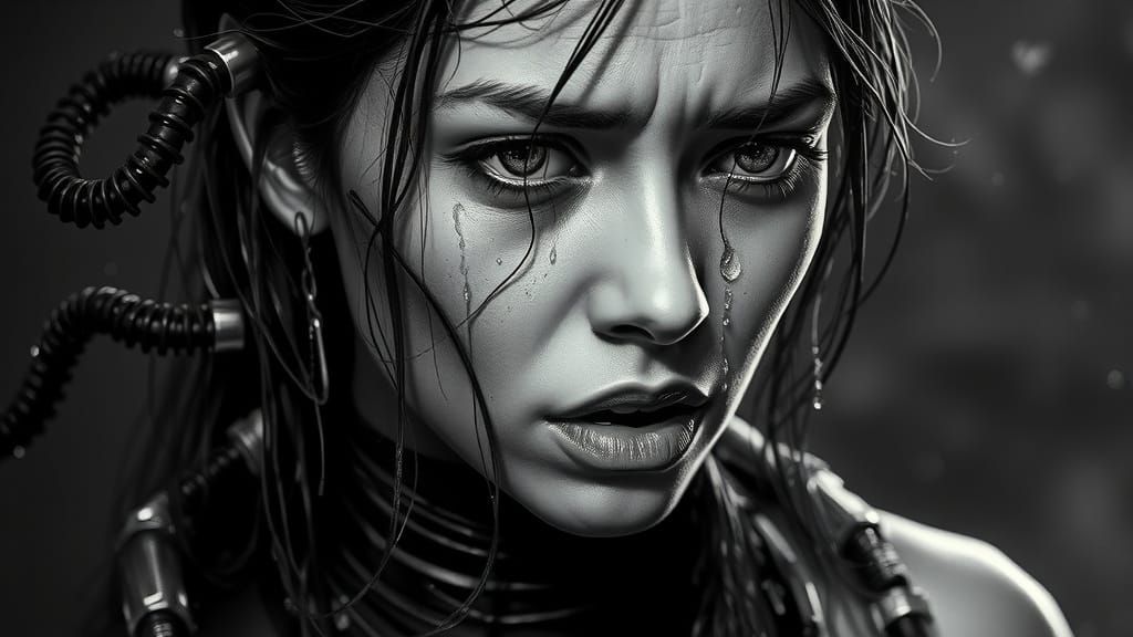 Distraught Cyberpunk Woman with Fractured Biomechanics