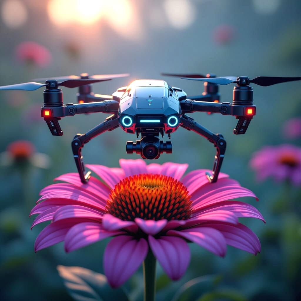 Futuristic Drone Lands on Vibrant Flower, Sci-Fi Art