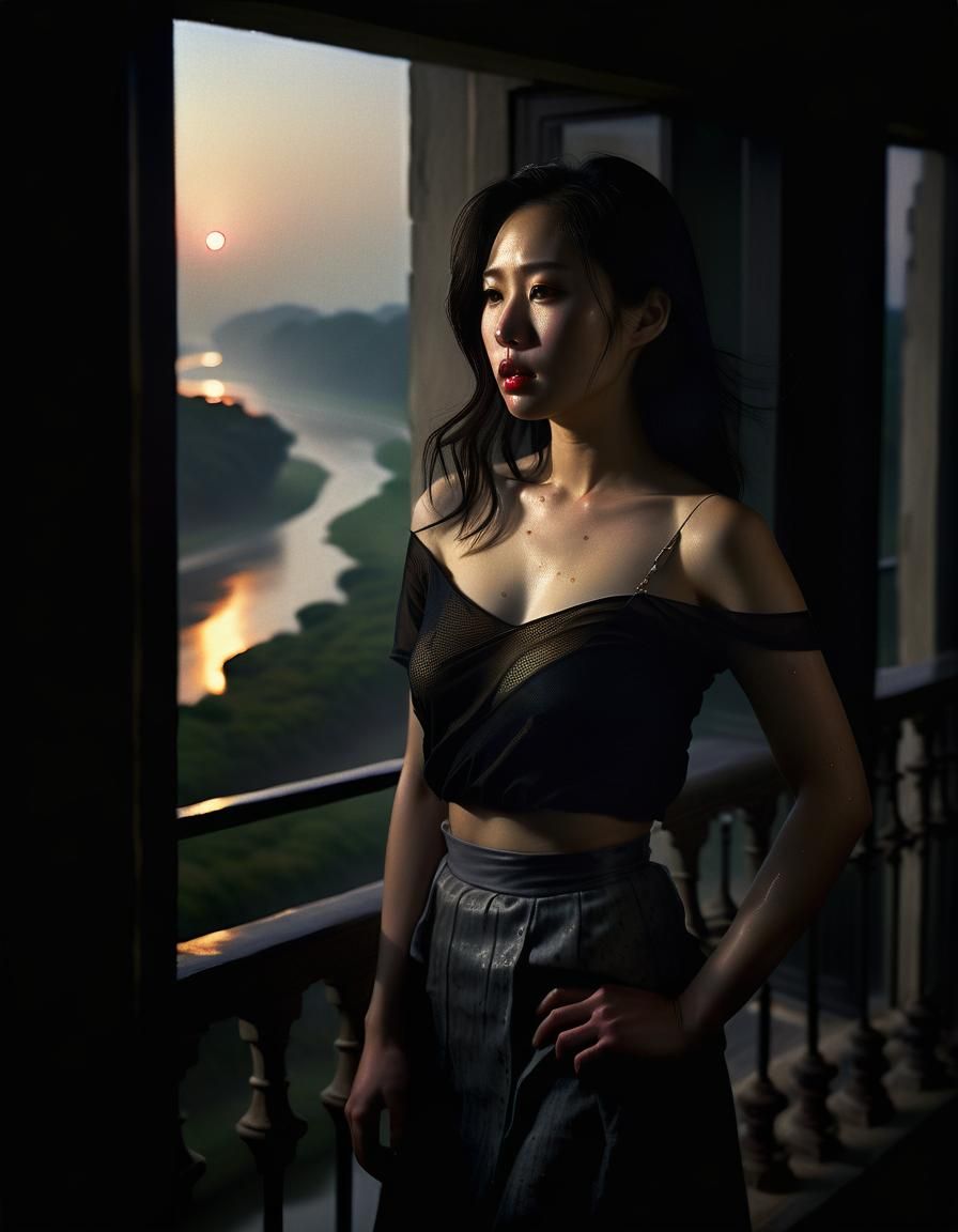 Chiaroscuro Portrait of Woman Overlooking River