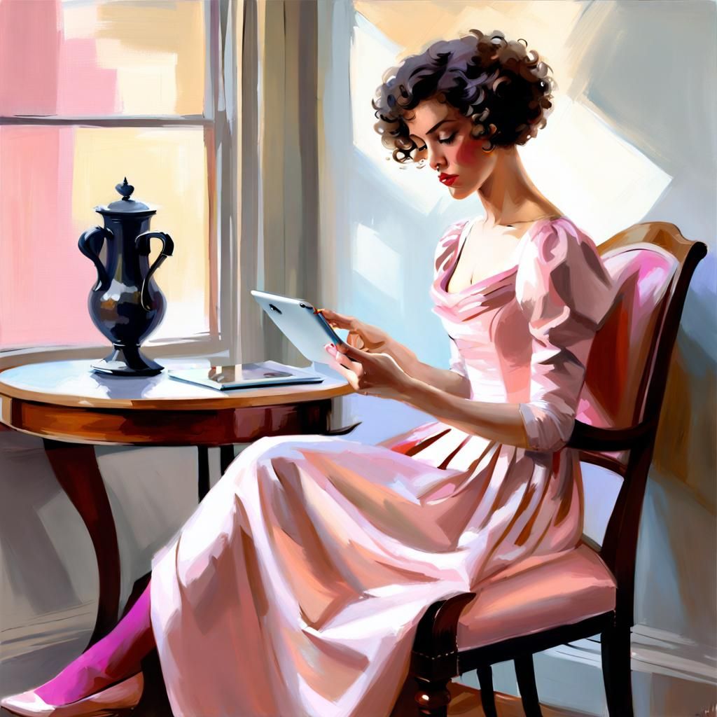 Girl in Regency Dress Plays iPad, Luminous Impressionism