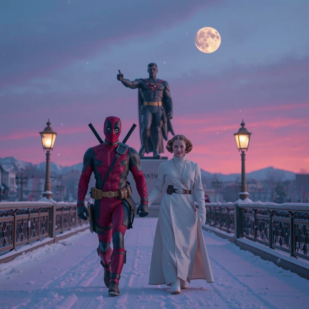 Deadpool and Princess Leia on Snowy Bridge