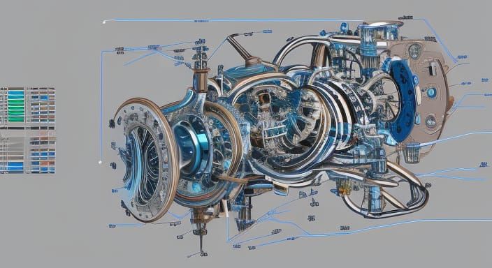 Intricate Engine Blueprint in Modern Ink Drawing