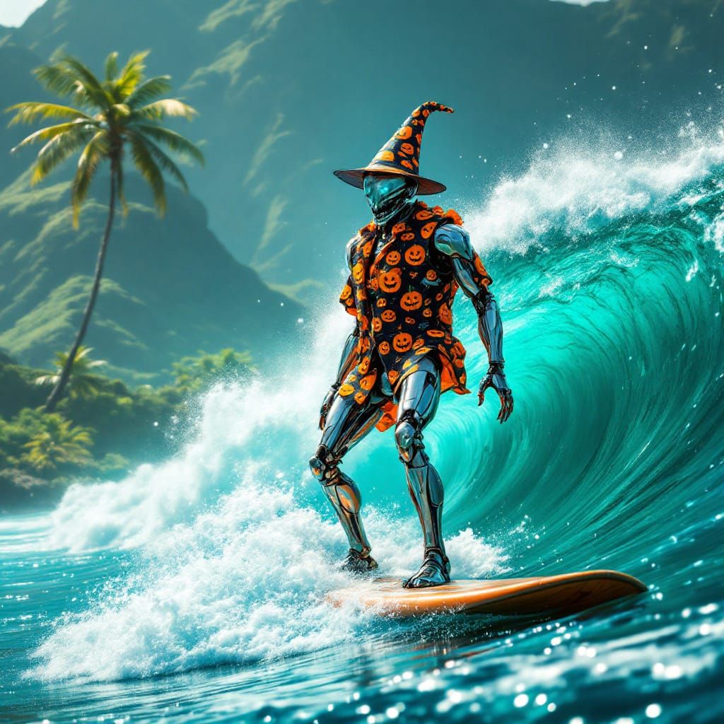 Robot Surfer Rides Wave in Hawaii, Digital Art