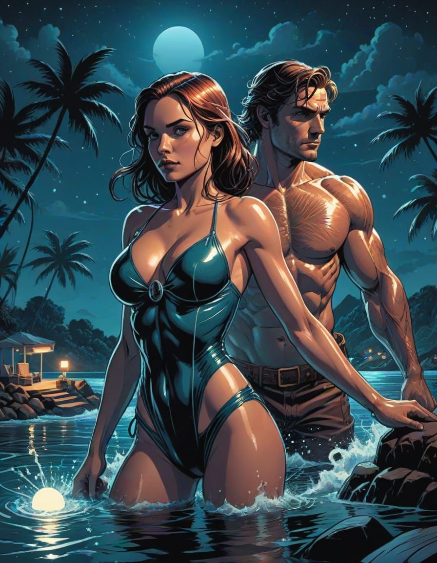 Mysterious Nighttime Scene with a Swimmer