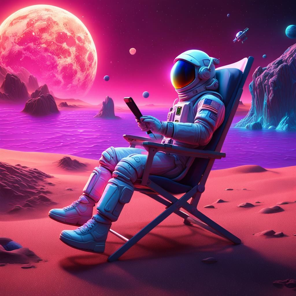 Astronaut Relaxing on Neon Planet: Digital Art