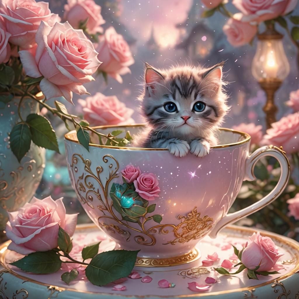 Chibi Kitten in Teacup with Bioluminescent Roses