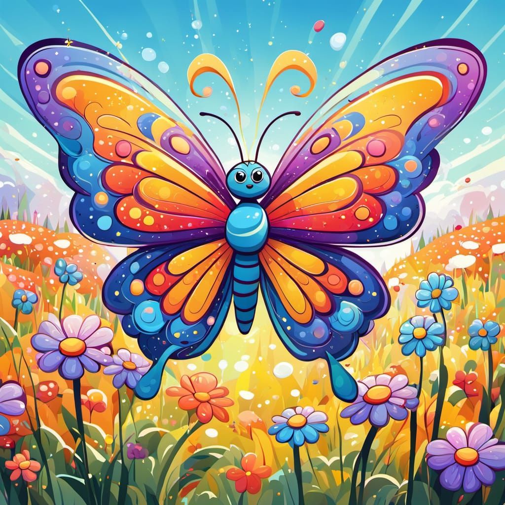 Confused Butterfly in Flower Field Cartoon