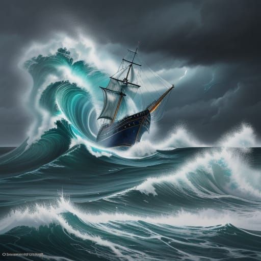 Boat Tossed in Stormy Emerald and Sapphire Waves