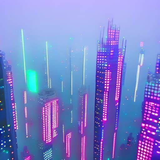 Cyberpunk Tokyo: Skyscrapers in Colorful Glowing Fog
