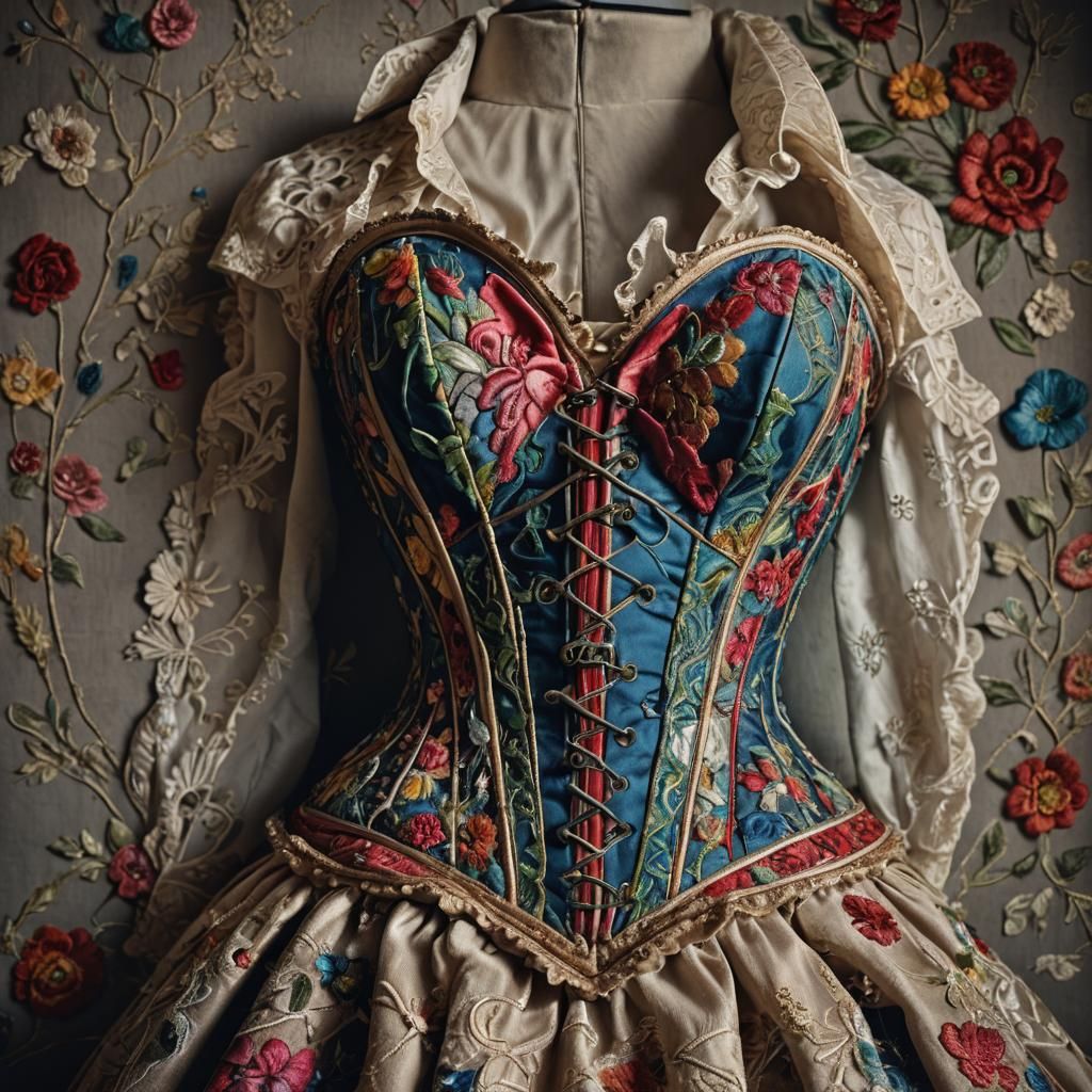 Fashion : Embroidered corset style dress with lace shirt.
