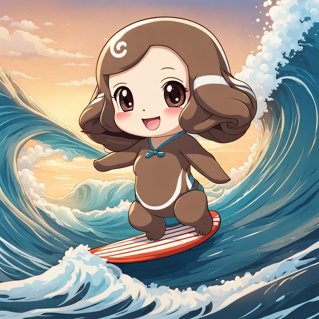 Chibi Manatee Girl Surfing, Anime Style