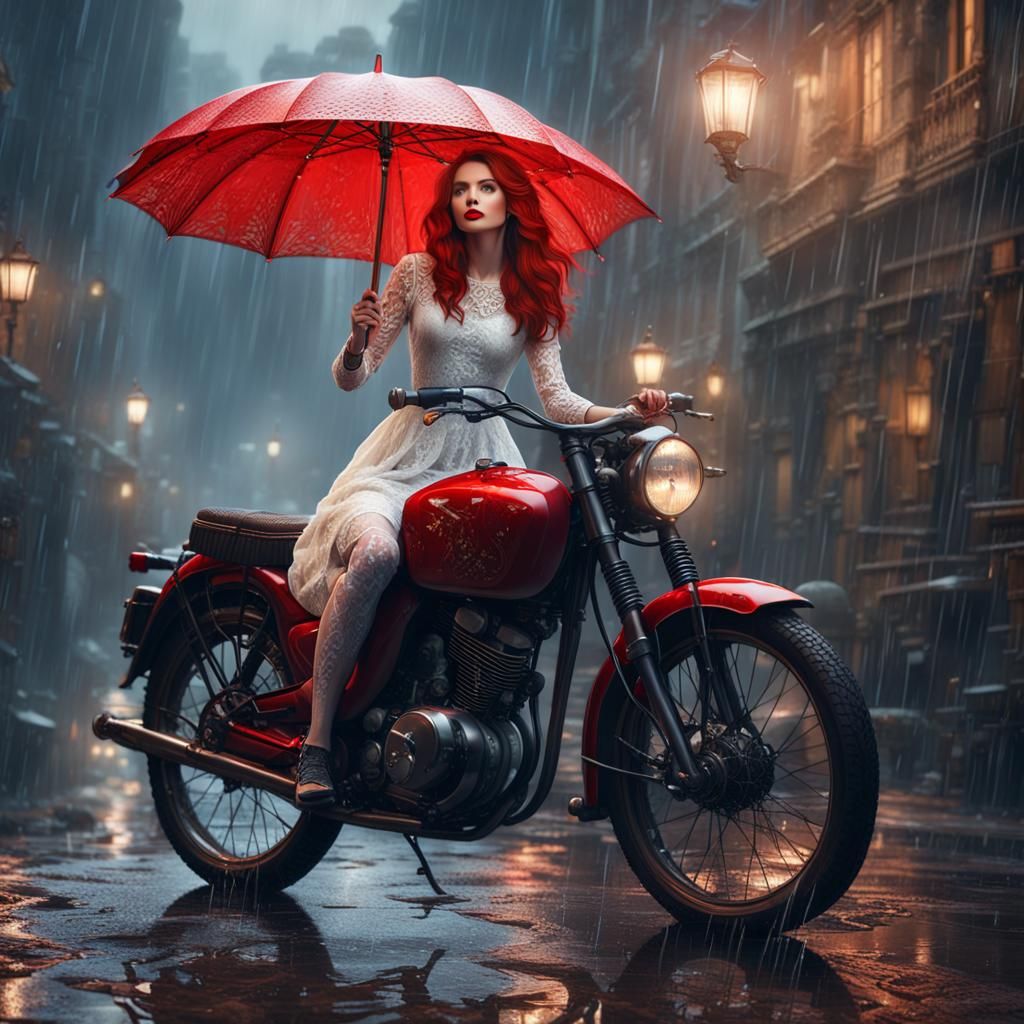Rainy Day Portrait of Woman with Red Accents