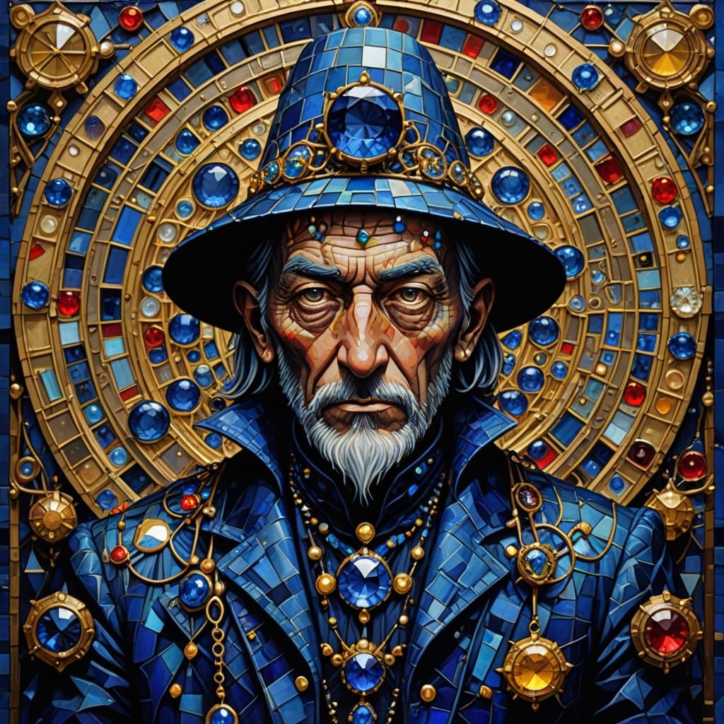 Sapphire Sorcerer in Opulent Emporium, Folk Art Style