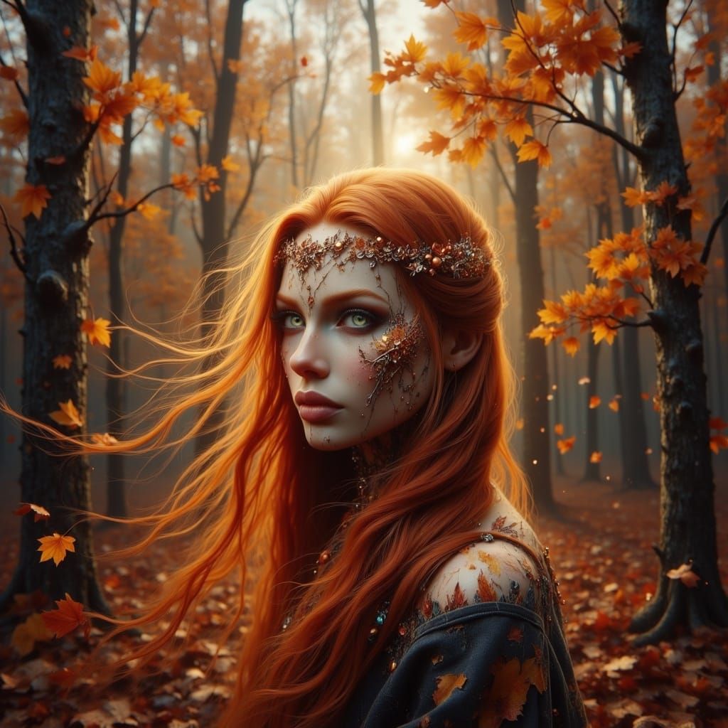 Regal Autumn Queen Adorned with Golden Tiara in Fiery Forest