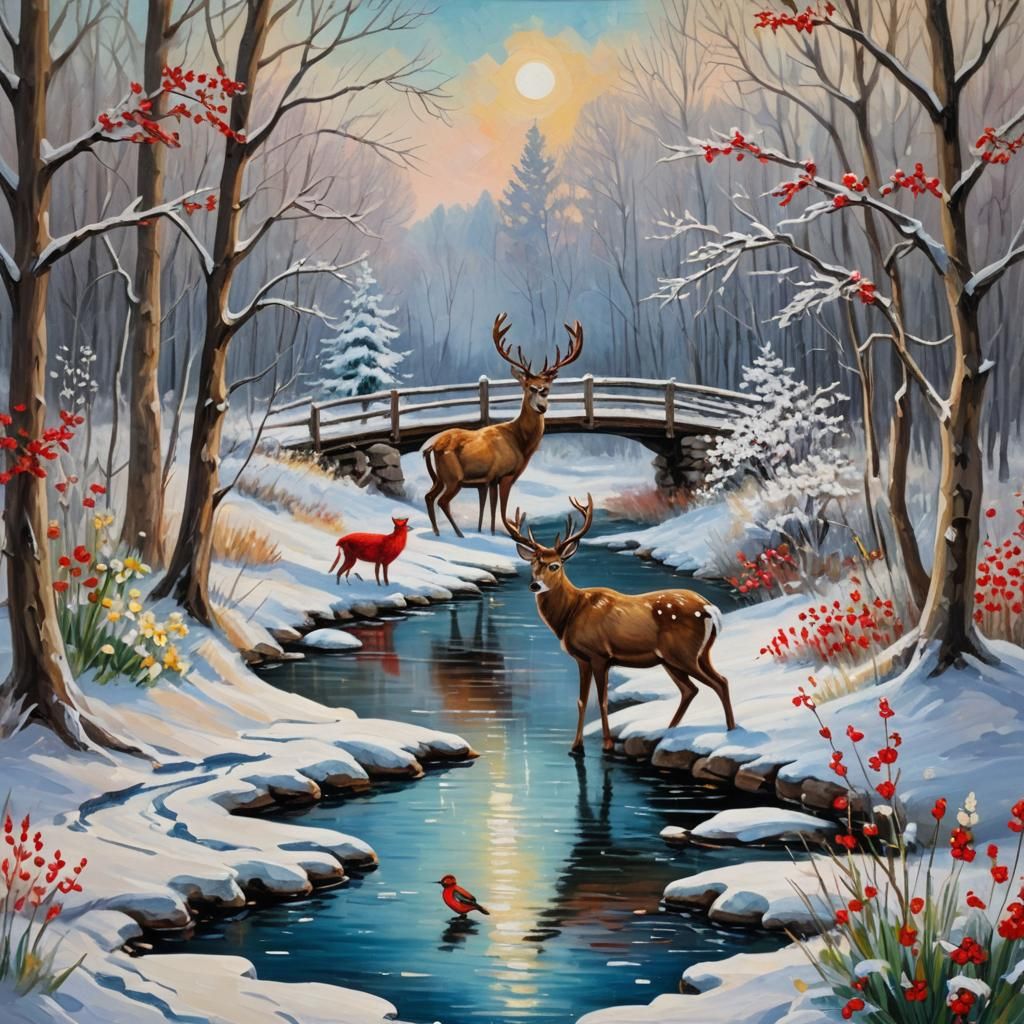 Winter Woodland Chalk Art in Impressionist Style