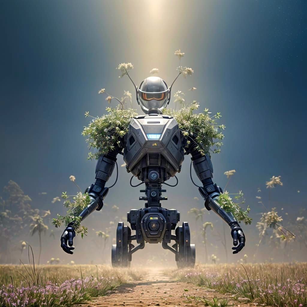 Robotic Gardener Tending to Vibrant Flowers
