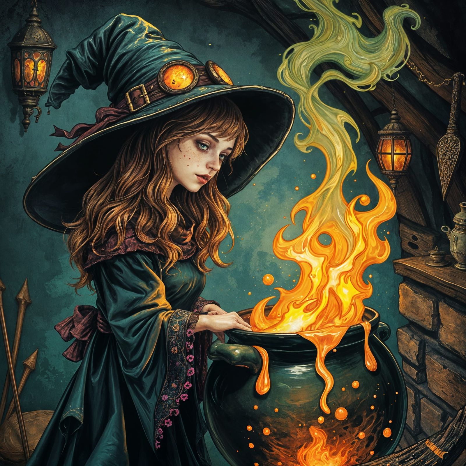 Surreal Fantasy Witch Melts in Cauldron, Enchanted Cottage B...