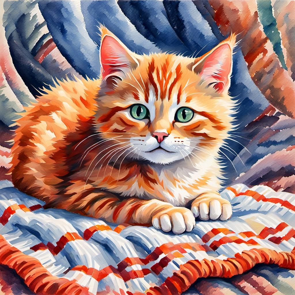 Fluffy Ginger Kitten on Knitted Blanket: Gouache Impressioni...