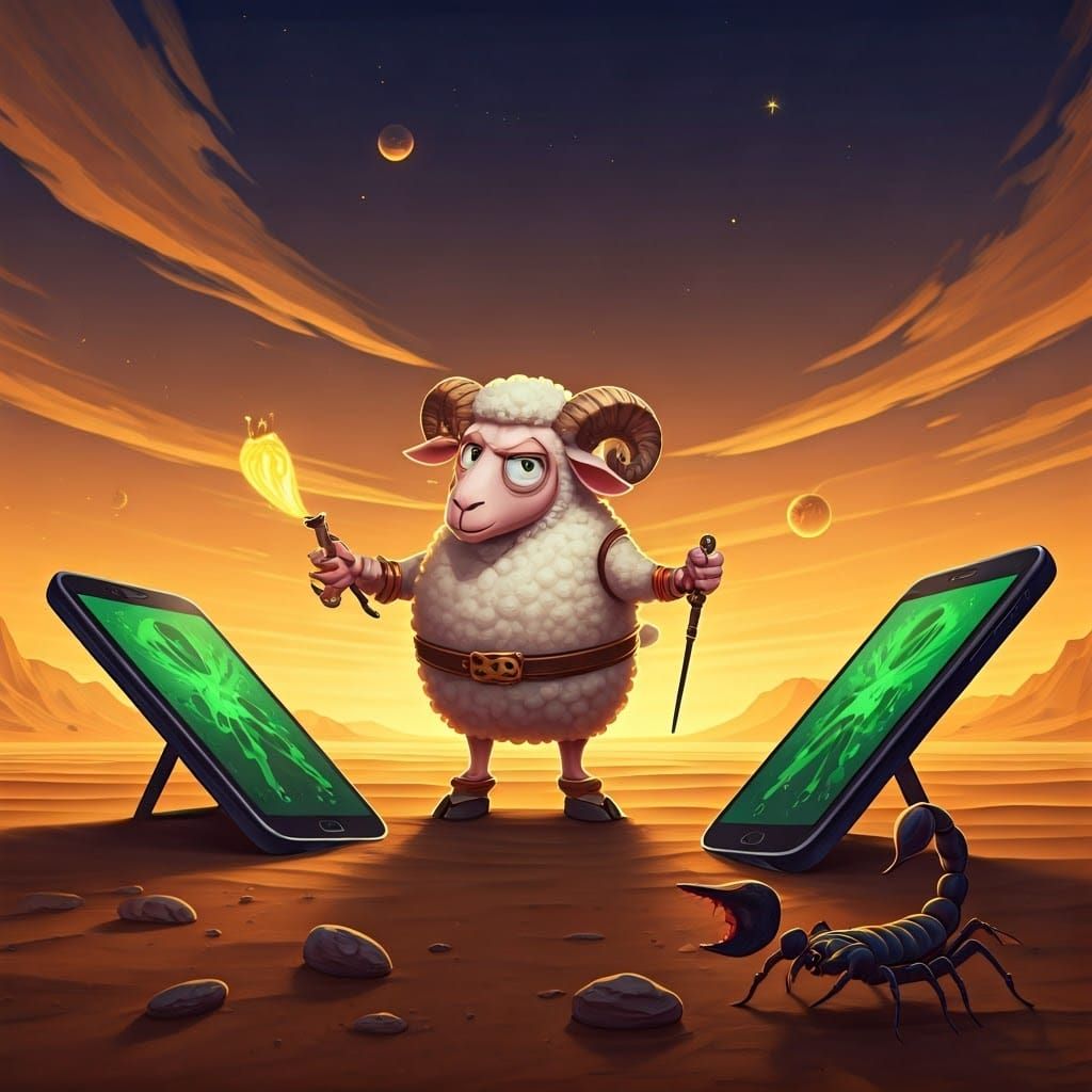 Cartoon Sheep Dictator with Smartphone Army