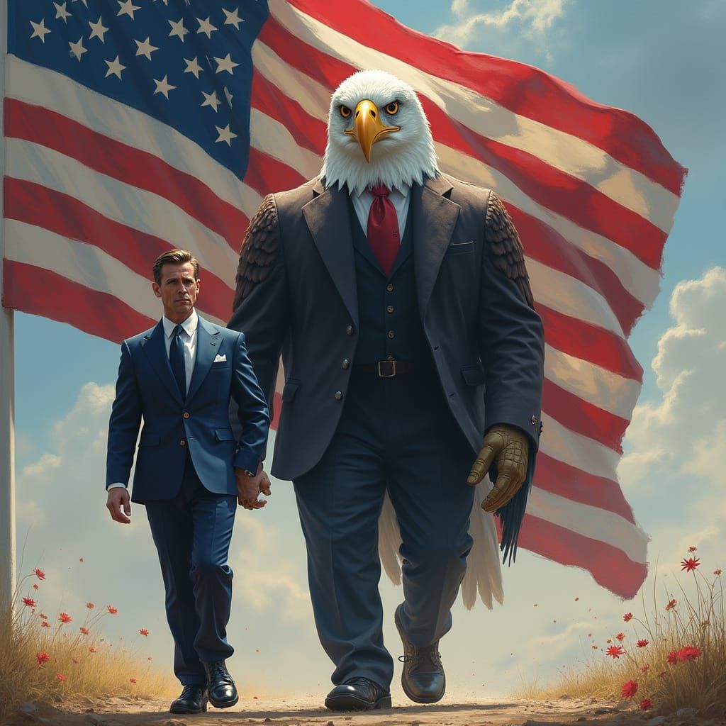 Confident Patriot Strolls with Freedom's Giant Form