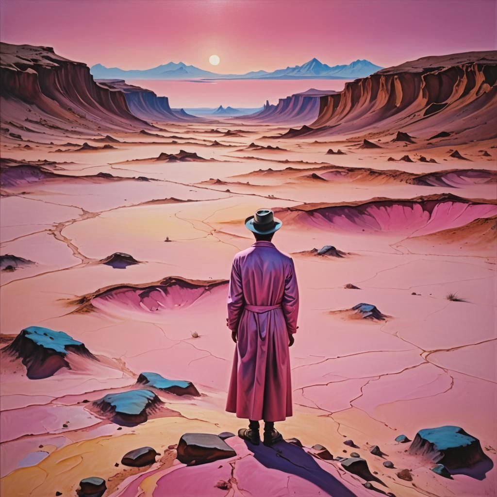 Pink Desert Figure in a Vibrant Oil Painting