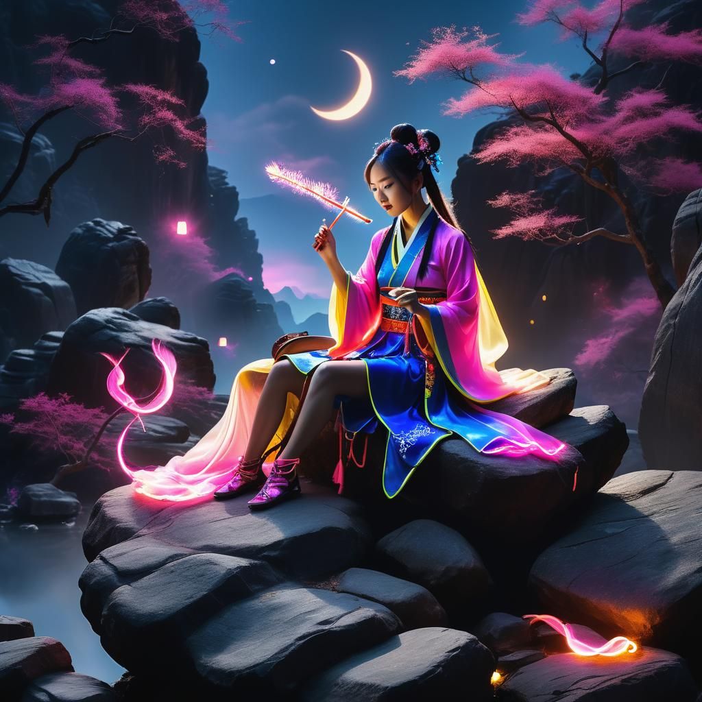 Neon Chinese Girl Playing Guzheng with Fox Tails