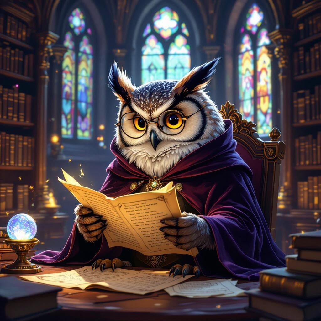 Anthropomorphic Owl in Library, Fantasy Concept Art