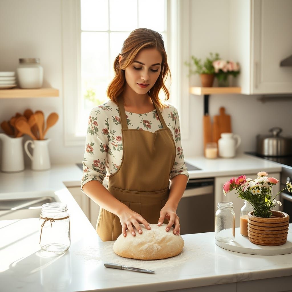 Woman Kneading Dough in Bright Kitchen, Photorealistic Style