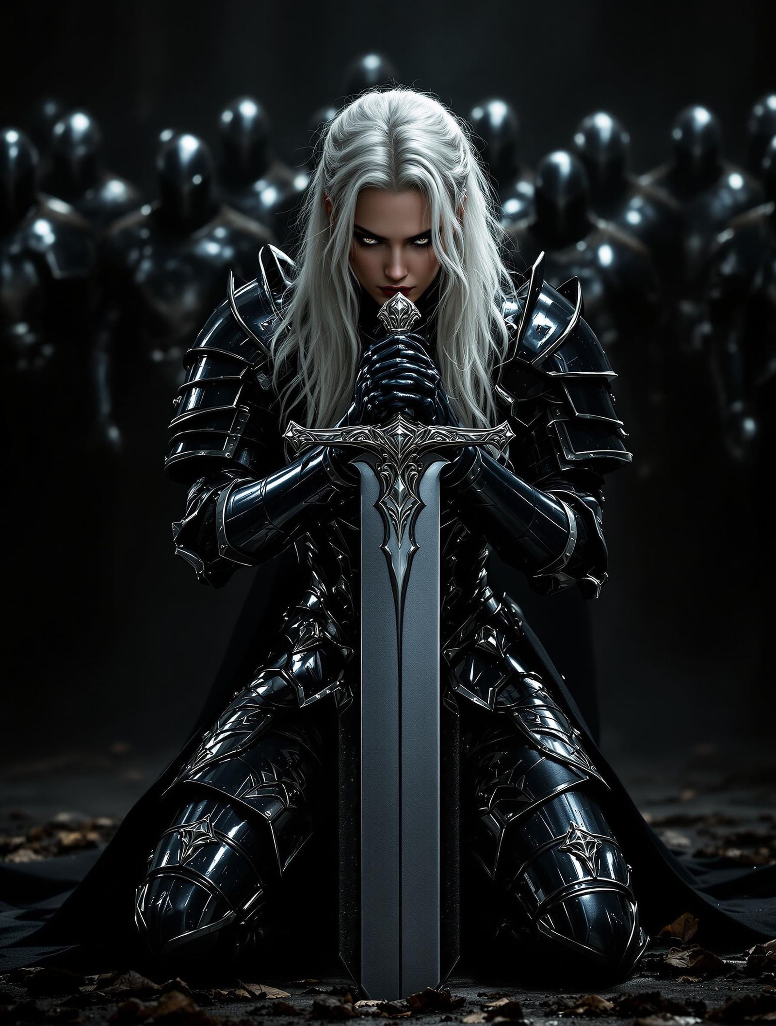 Female Knight in Dark Armor with Sword