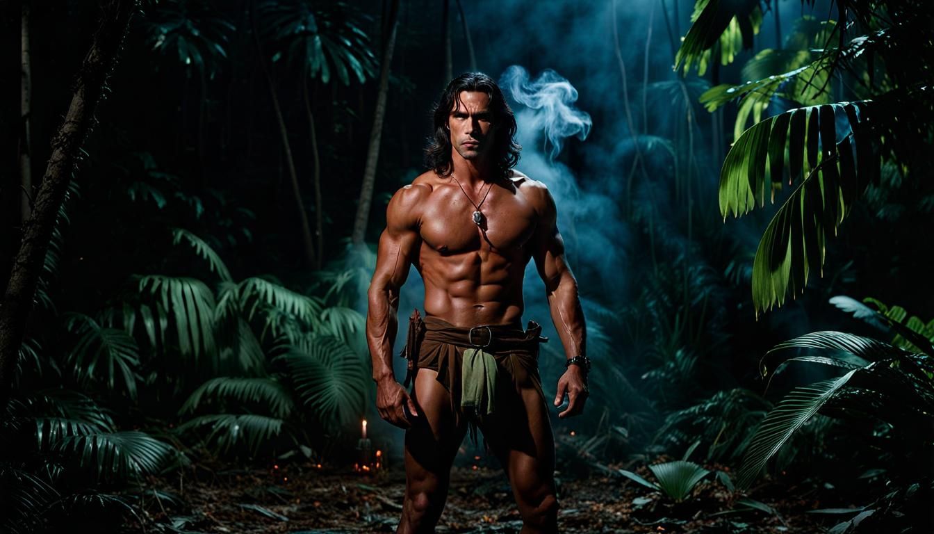 Aged Tarzan in Dimly Lit Jungle at Night