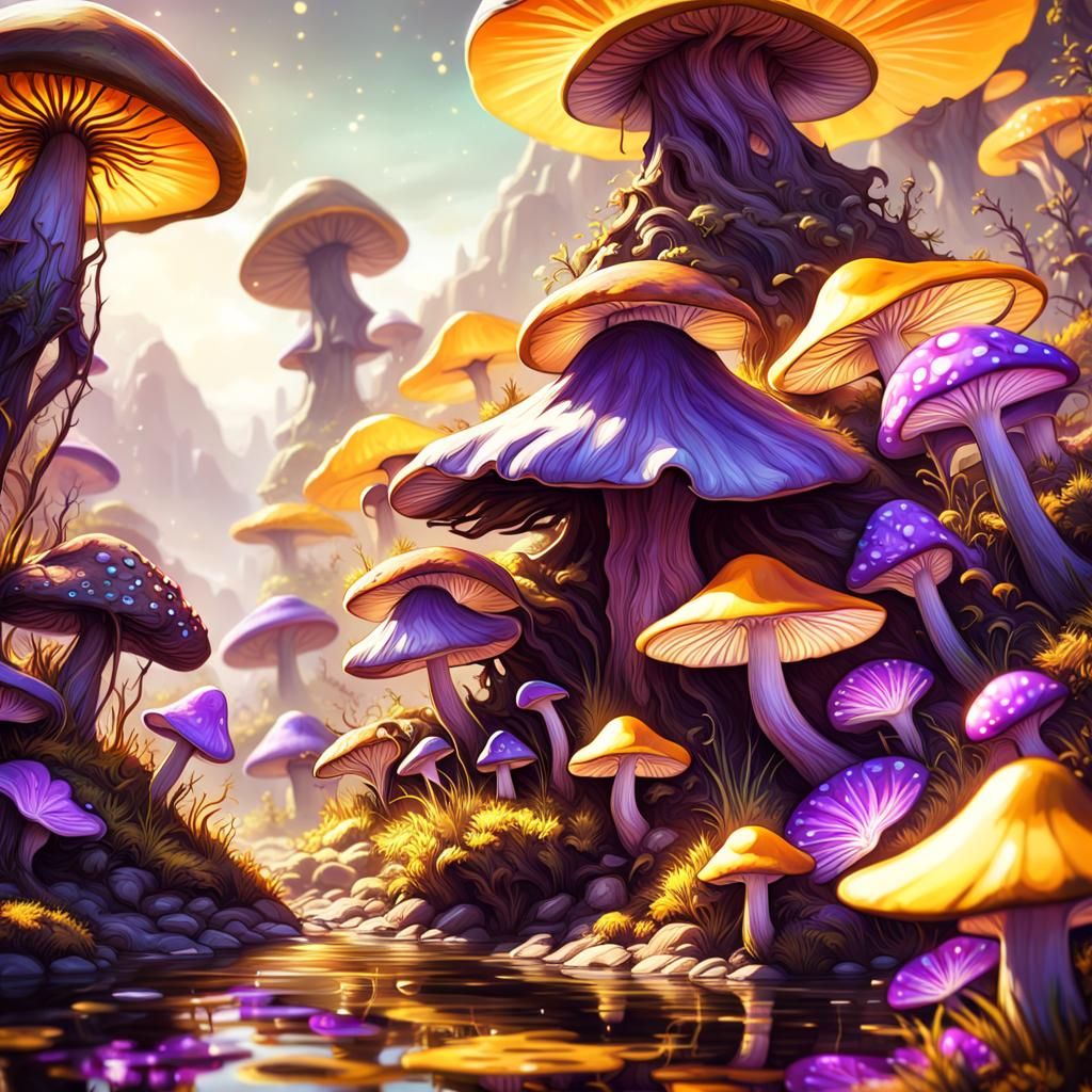 Fantasy Landscape with Fairy Mushroom in 70s Style