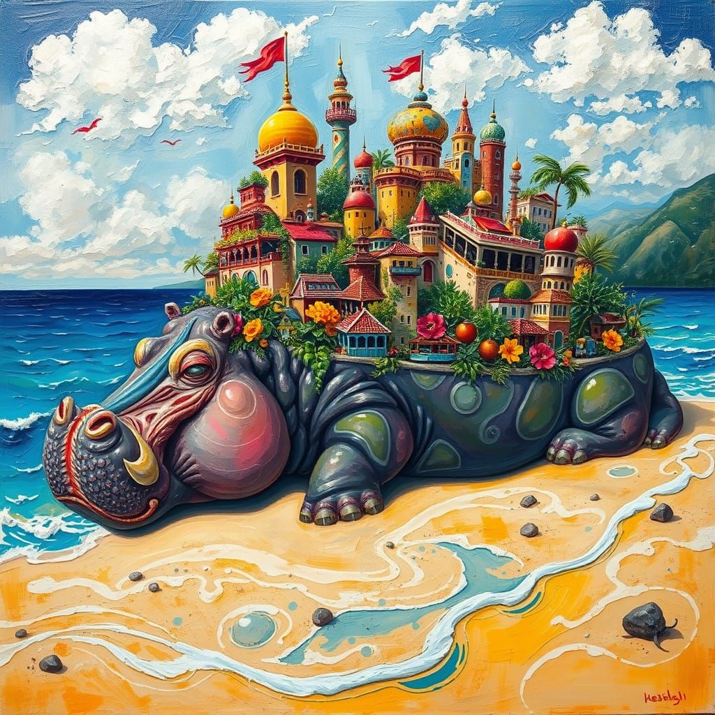 Abstract Cityscape on Giant Hippo on Beach, Impasto Style