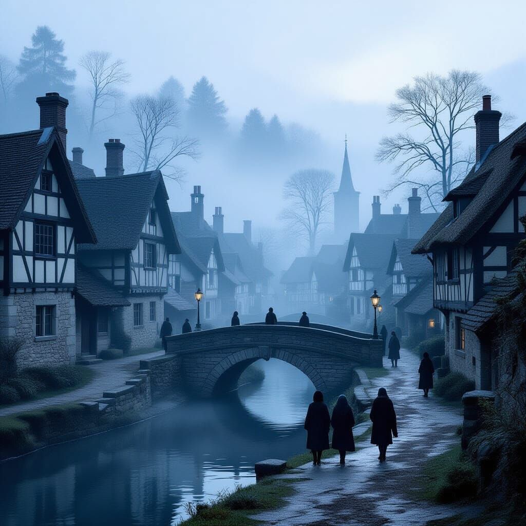 Misty Dawn in a 17th-Century British Village
