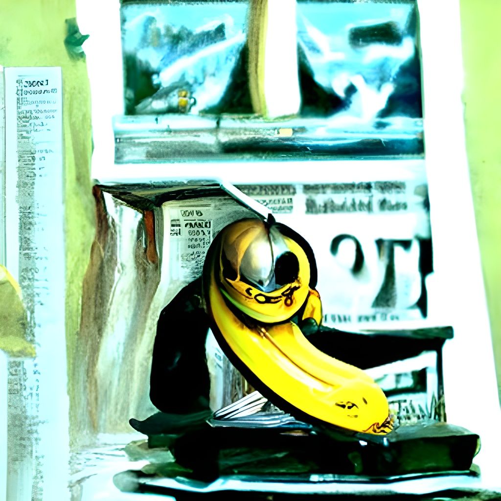 Sentient Banana Reads Newspaper: Oil Painting