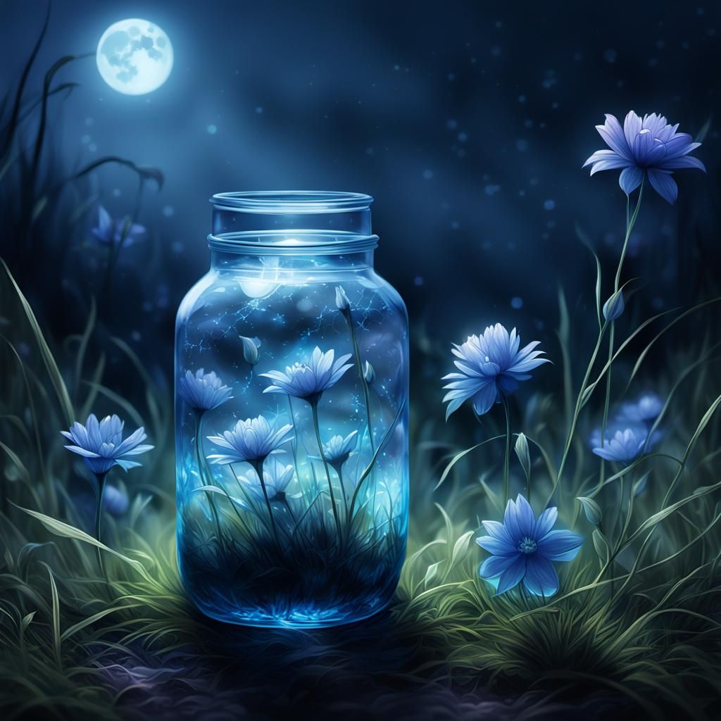 Eerie Blue Flowers Glow in Dark Fantasy Jar