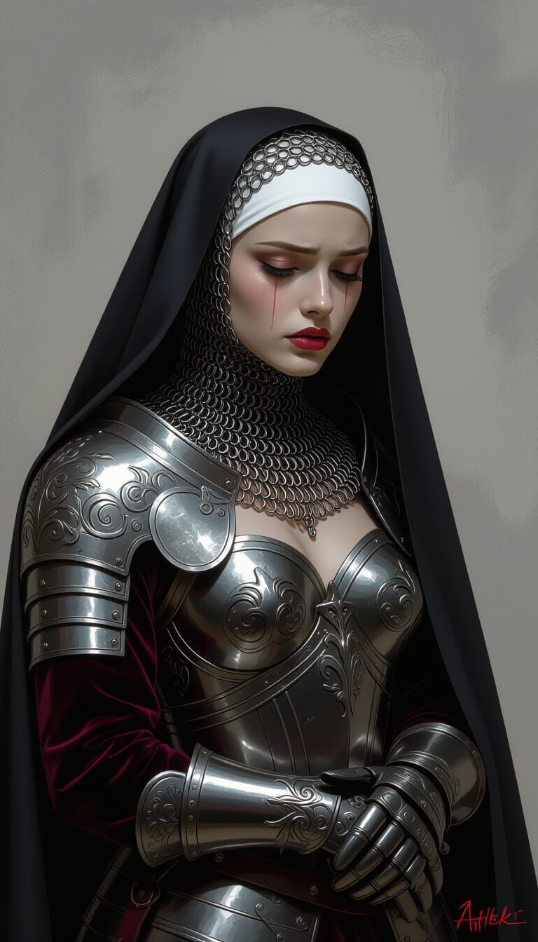 Gothic Knight Nun Portrait in Digital Painting Style