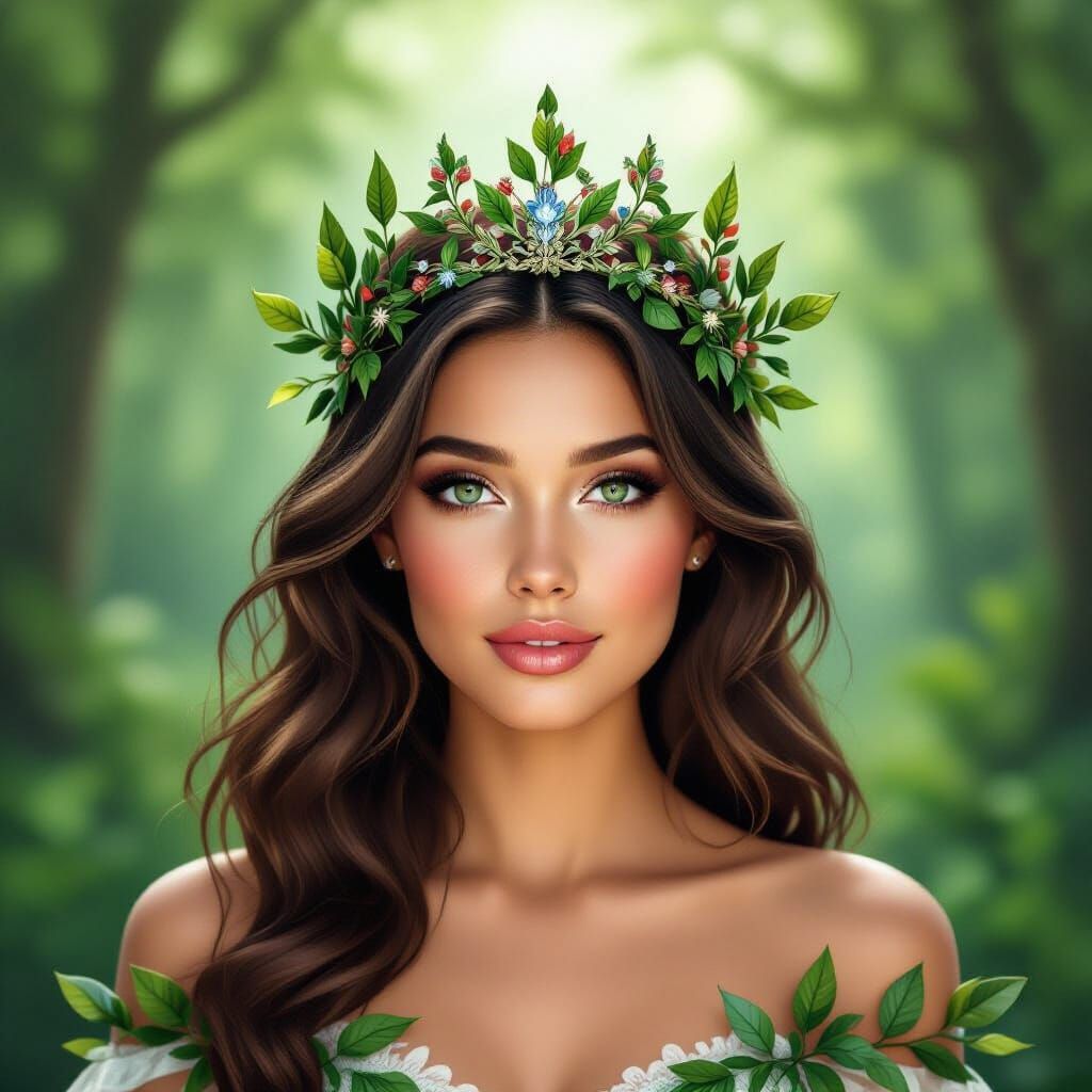 a forest queen wearing a tiara of leaves and vines