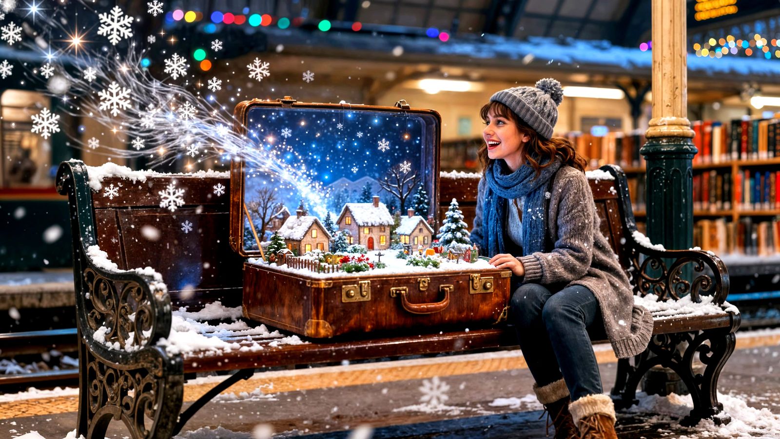 Woman Awestruck by Miniature Winter Village in Vintage Case